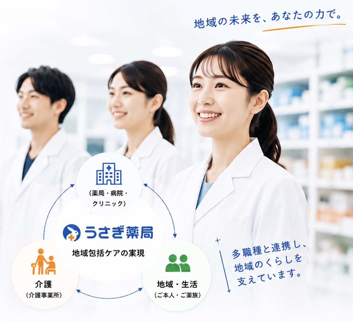 地域の未来を、あなたの力で。うさぎ薬局を中心に、医療機関（薬局・病院・クリニック）、介護（介護事業所）、地域・生活（ご本人・ご家族）が連携する地域包括ケアの図。多職種と連携し、地域のくらしを支えています。